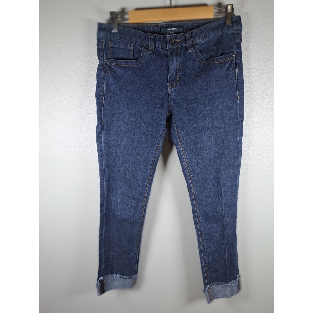 Bossini Jeans Skinny Fit Dark Wash Frayed Cuff Denim Sz 28 Womens Blue Stretch